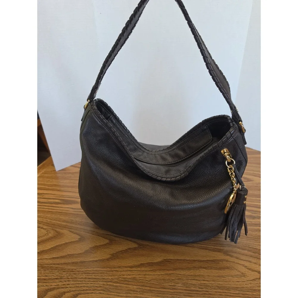 Michael Kors Handbag Womens Brown Pebbled Leather Hobo Shoulder Bag Top Zip